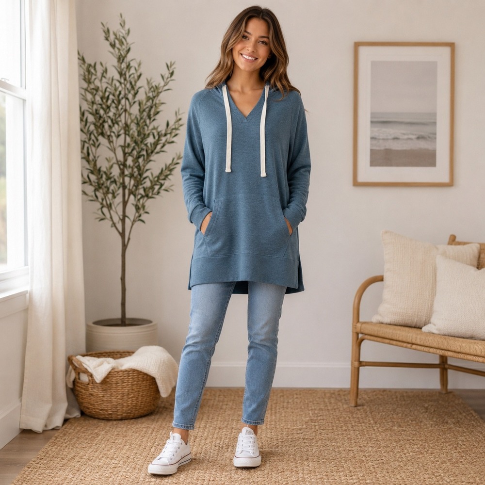 Thread & Supply Blue Heather Hoodie Tunic SZ M V Casual Lounge Layering Soft Top